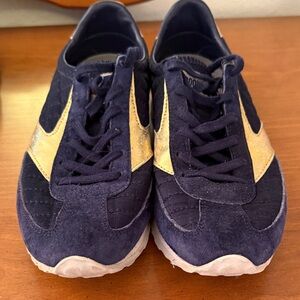 Brooks Navy and Yellow Athletic Suede Sneakers